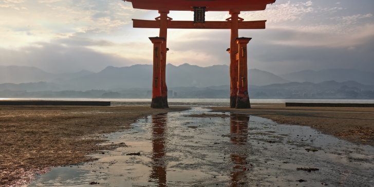 famous floating torii at low tide